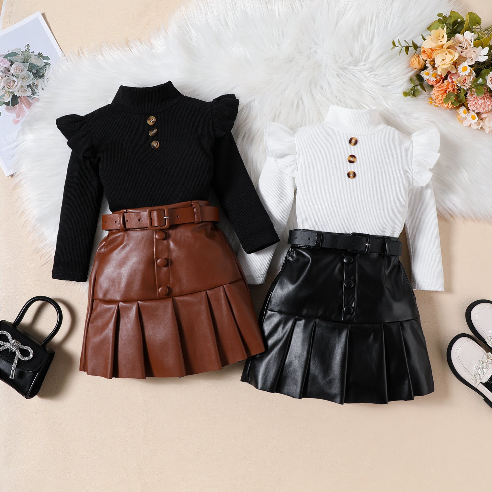 Ensemble 3 pièces fille col haut manches longues + jupe plissée similicuir + ceinture