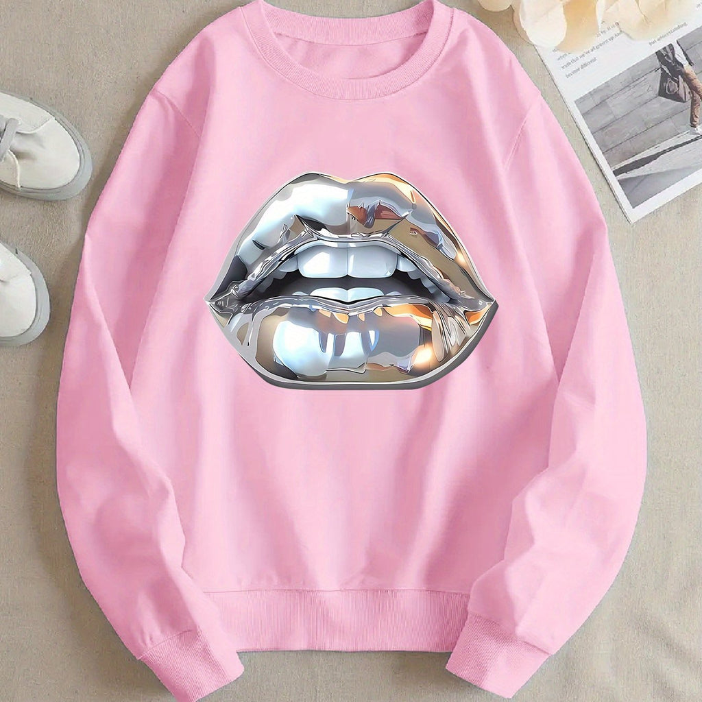 Sweat à manches longues femme motif lèvres silver cartoon.style fun et tendance.
