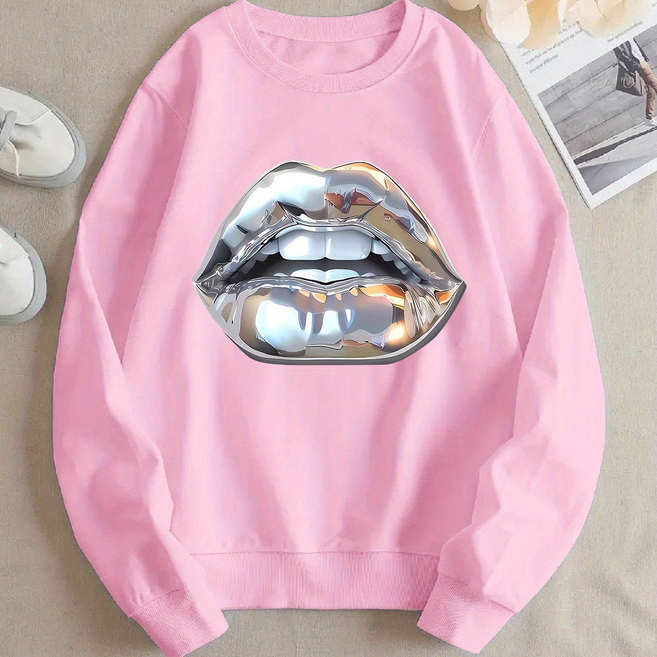 Sweat à manches longues femme motif lèvres silver cartoon.style fun et tendance.
