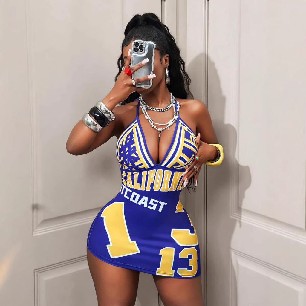 Robe imprimée halterneck dos nu sexy femme