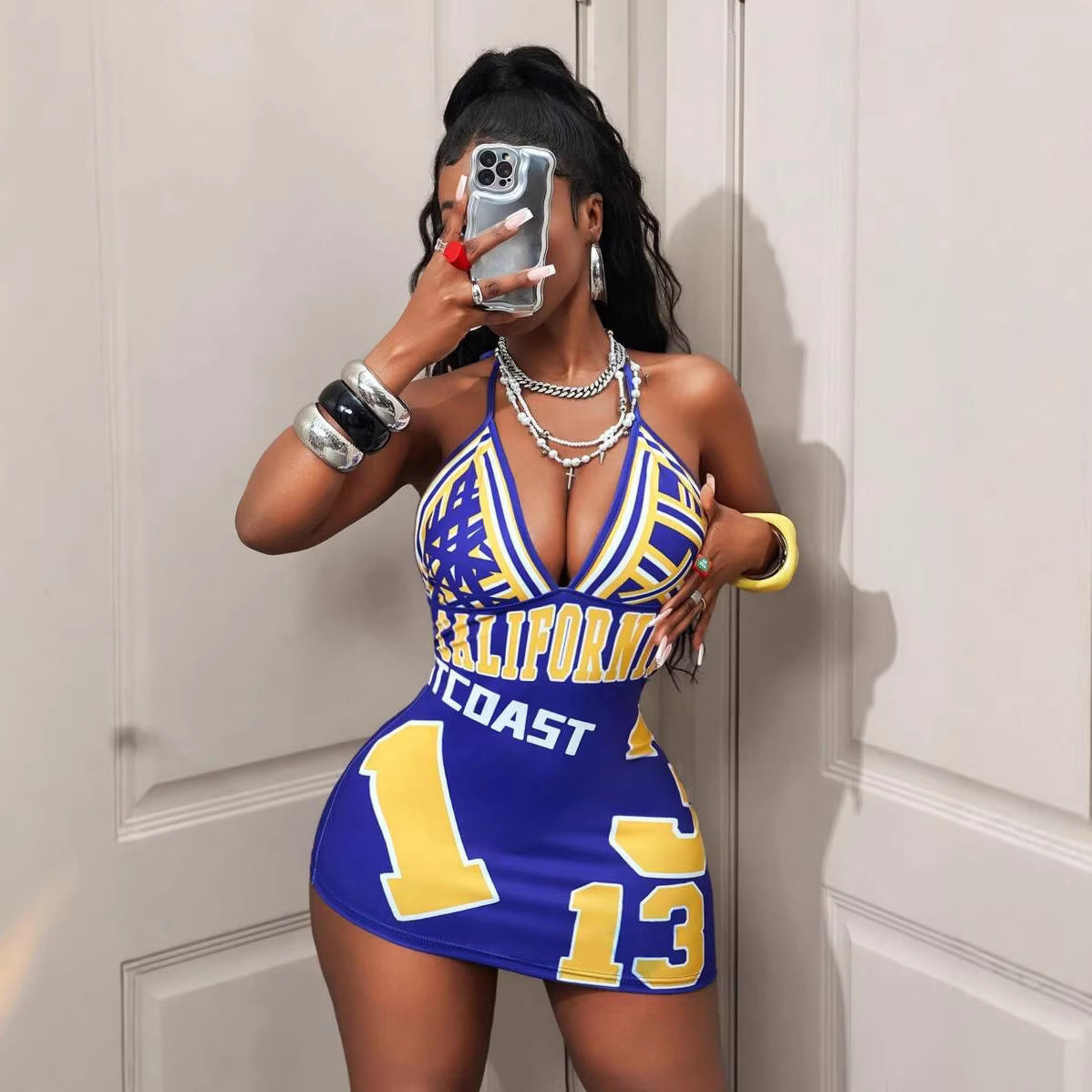 Robe imprimée halterneck dos nu sexy femme