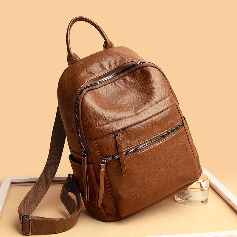 Sac à dos étudiant cuir souple PU grande capacité – noir/marron antivol