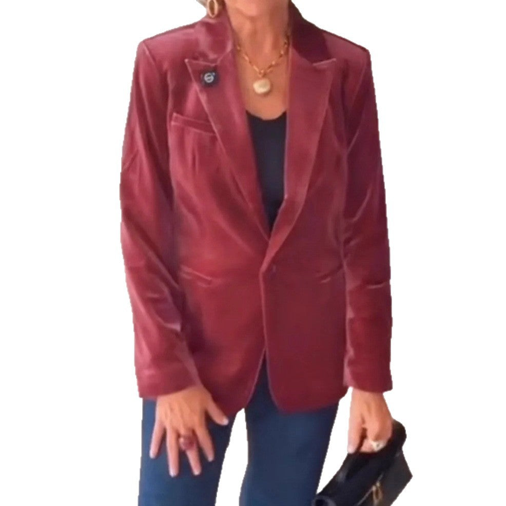 Veste costume velours gold coupe ajustée, style professionnel luxueux.