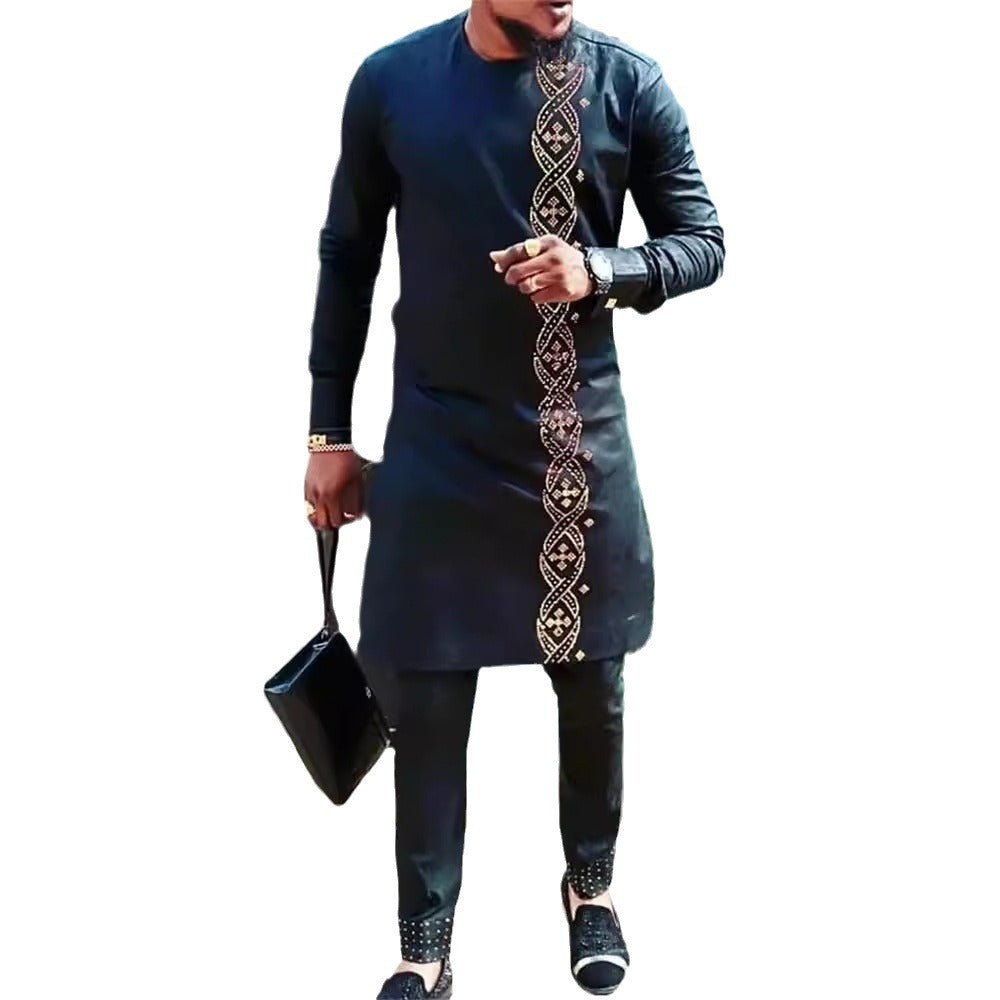 Costume africain imprimé homme manches longues – ensemble top pantalon loose 5 coloris