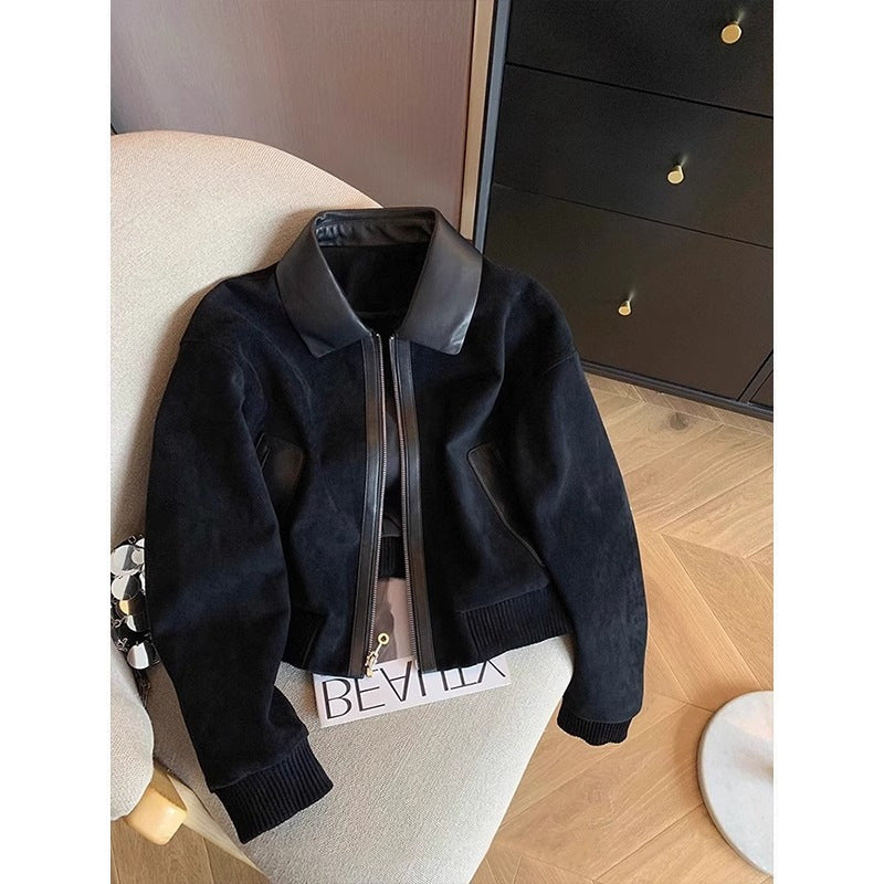 Blazer patchwork simili suède noir, coupe courte tendance femme.
