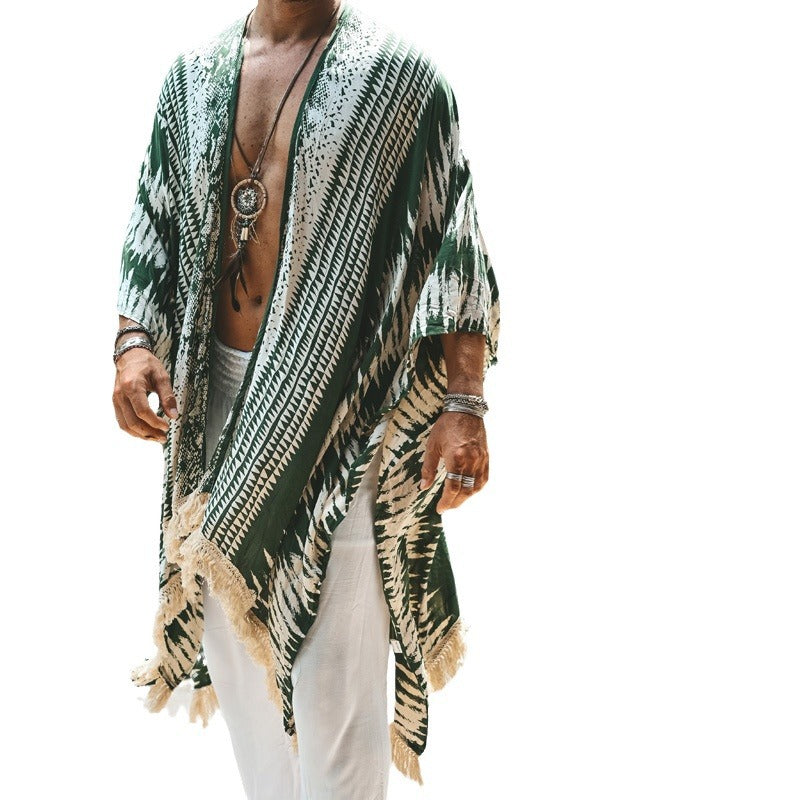 Cape de plage imprimée homme loose tendance – vert foncé réversible