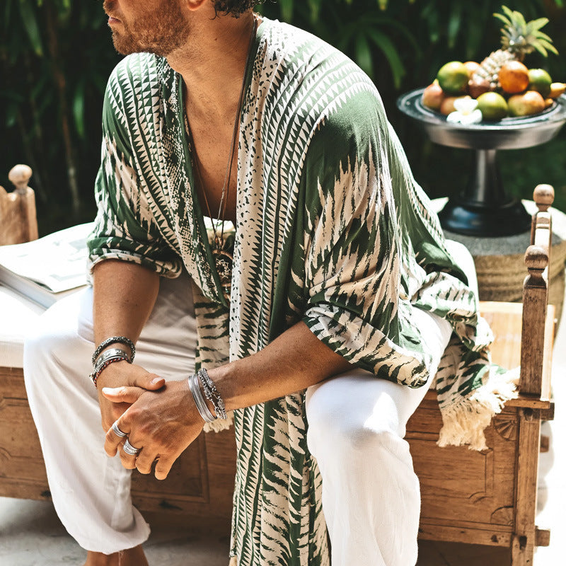 Cape de plage imprimée homme loose tendance – vert foncé réversible