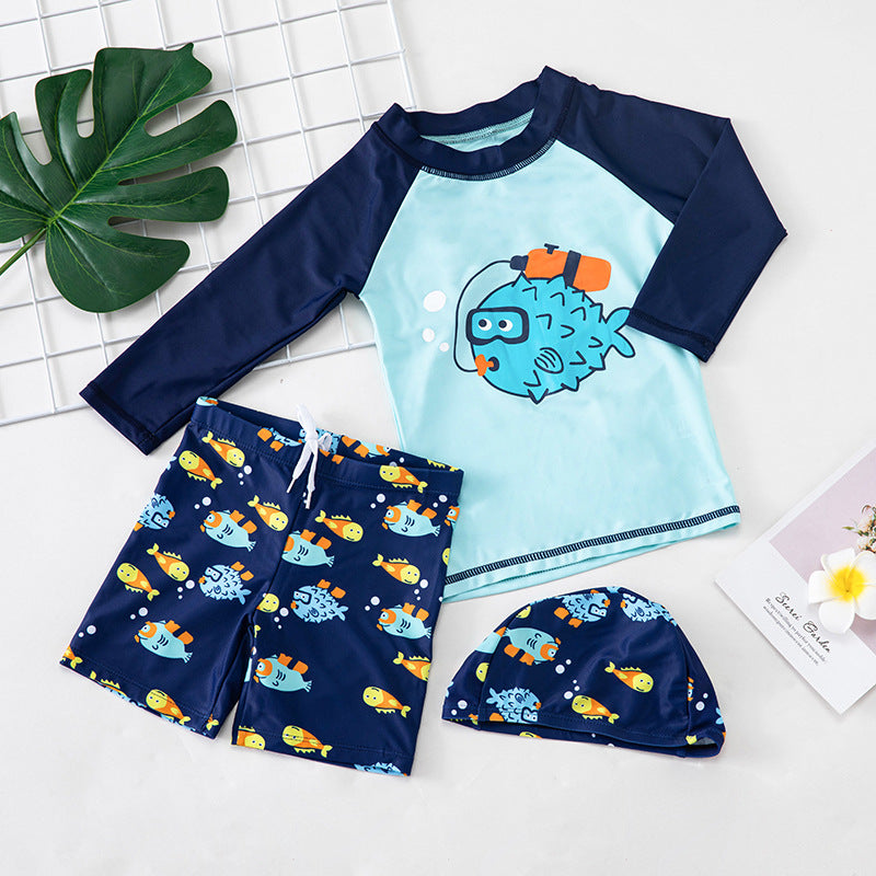 Maillot de bain enfant cartoon hot spring poisson-globe – avec short et chapeau