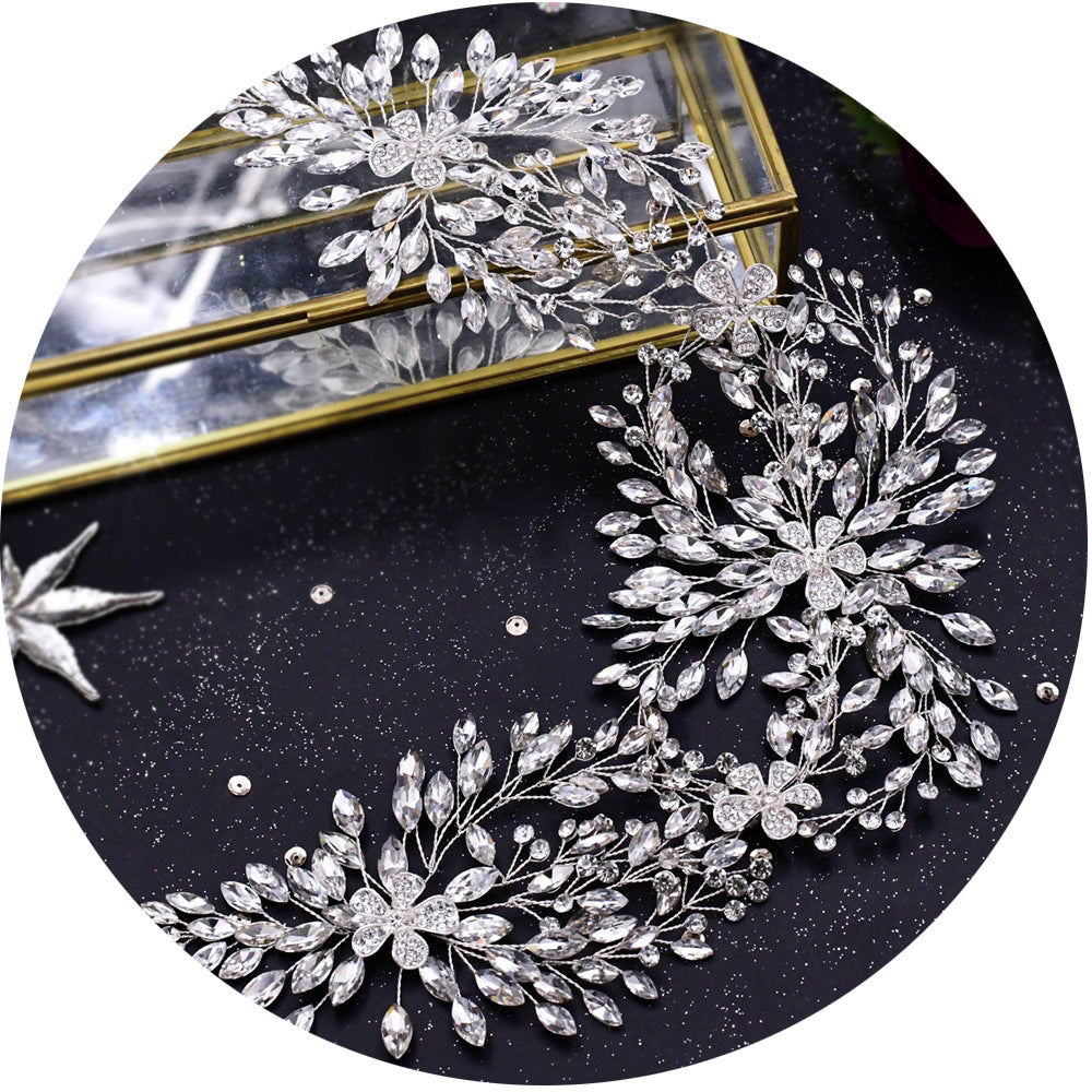 SERRE-TÊTE MARIAGE LONG FLEURS STRASS – DESIGN 100% NOUVEAU ARGENT 47.5x10.5CM