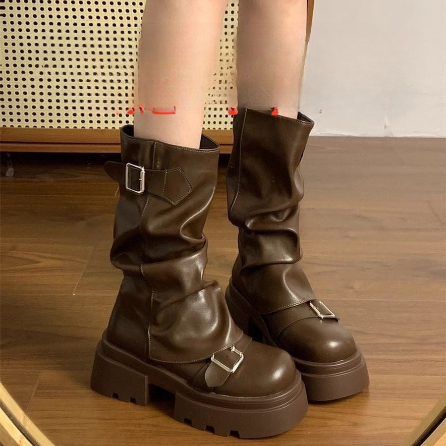 Bottes marron rétro à plateforme – compensées, mi-mollet, fermeture éclair
