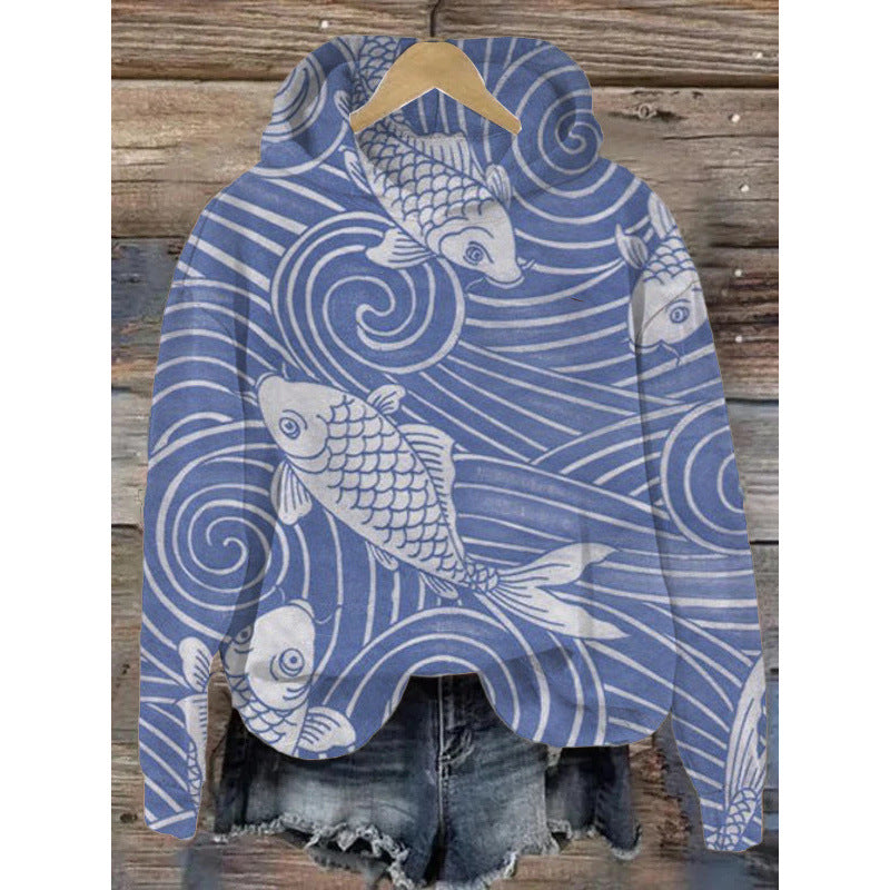 Women's printed hoodie pullover sweatshirt, long sleeves, trendy.