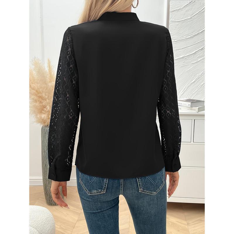 Blouse Longue Élégante Col Notch Dentelle Panneaux