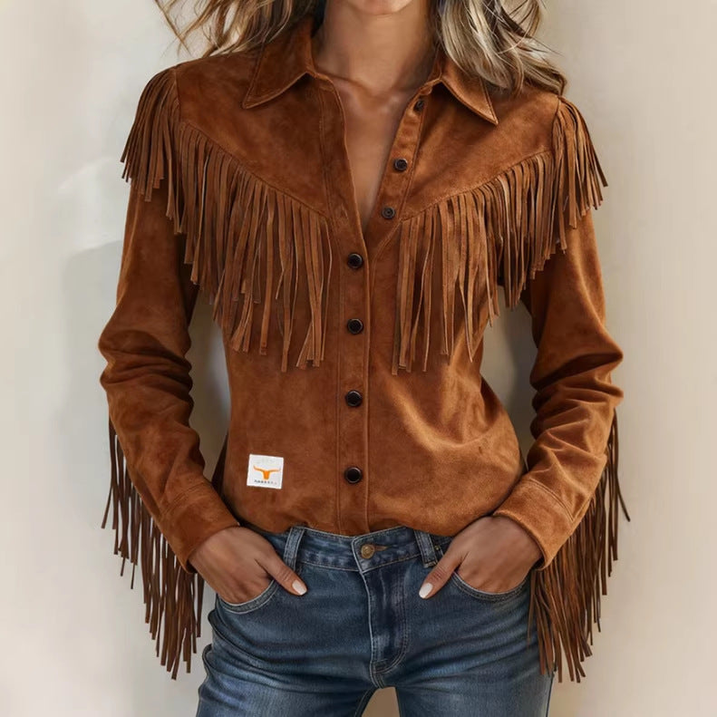 Veste Suede Col Entaillé Pompons