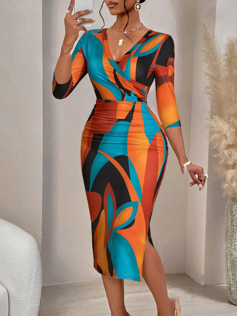 Robe maxi col V manches longues femme – tendance fashionable