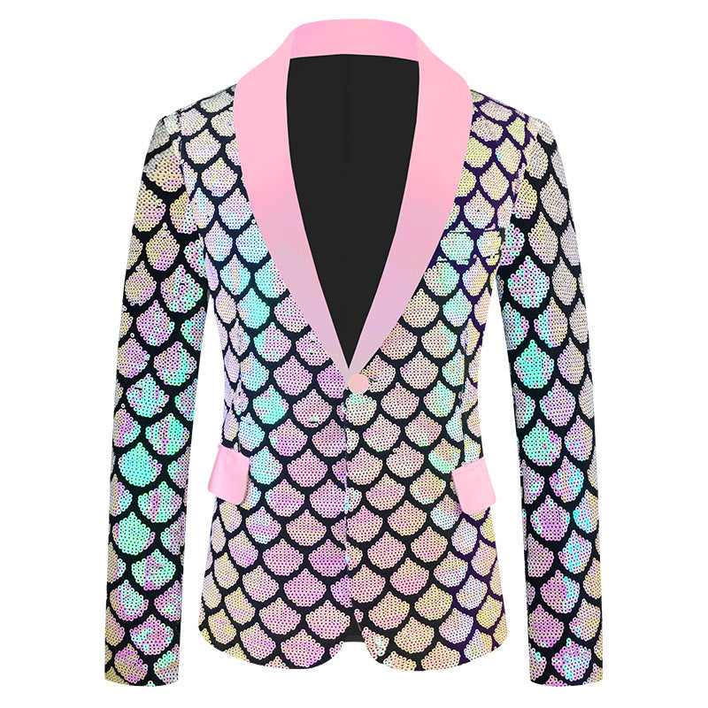 Costume pour homme en velours coloré à paillettes et à écailles.