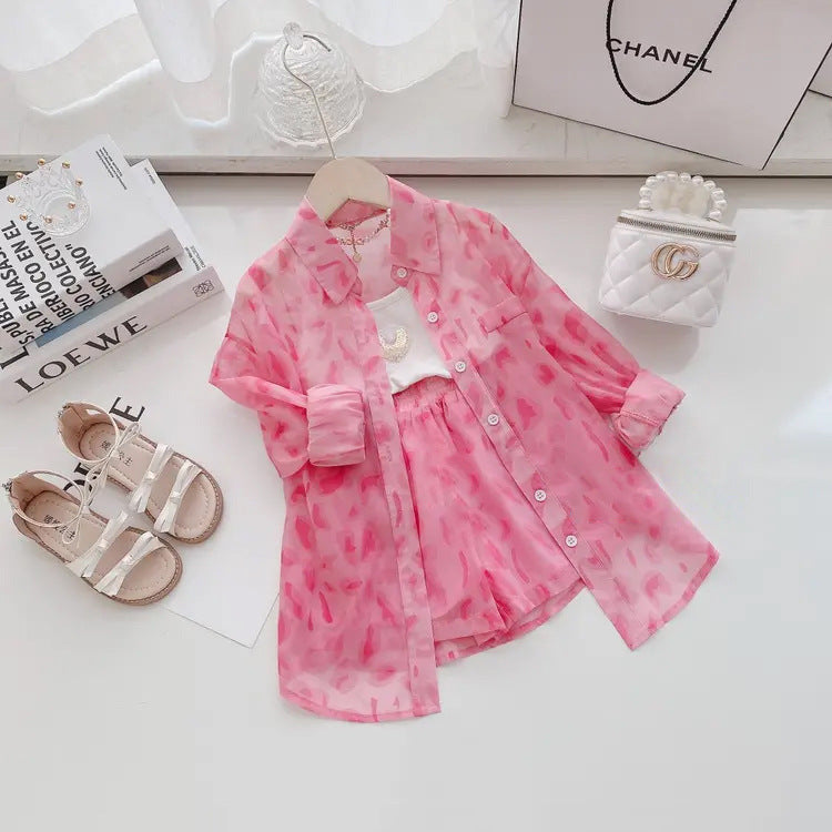 Ensemble anti-UV fille pois rose 2 pièces – chemise + short