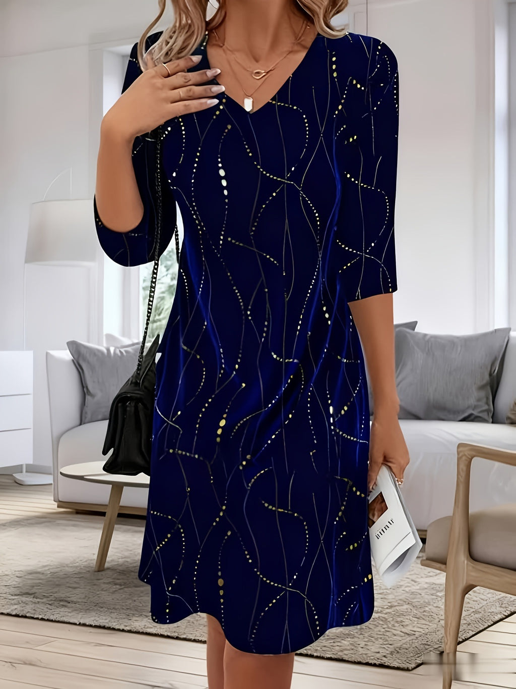 Robe imprimée femme col V manches mi-longues