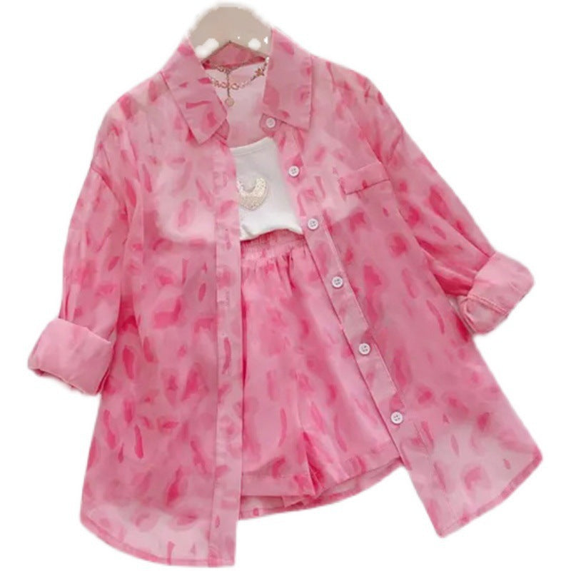 Ensemble anti-UV fille pois rose 2 pièces – chemise + short