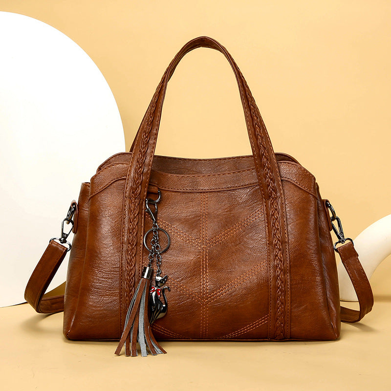 Sac bandoulière vintage PU carré horizontal – noir/marron/rouge/violet pompons