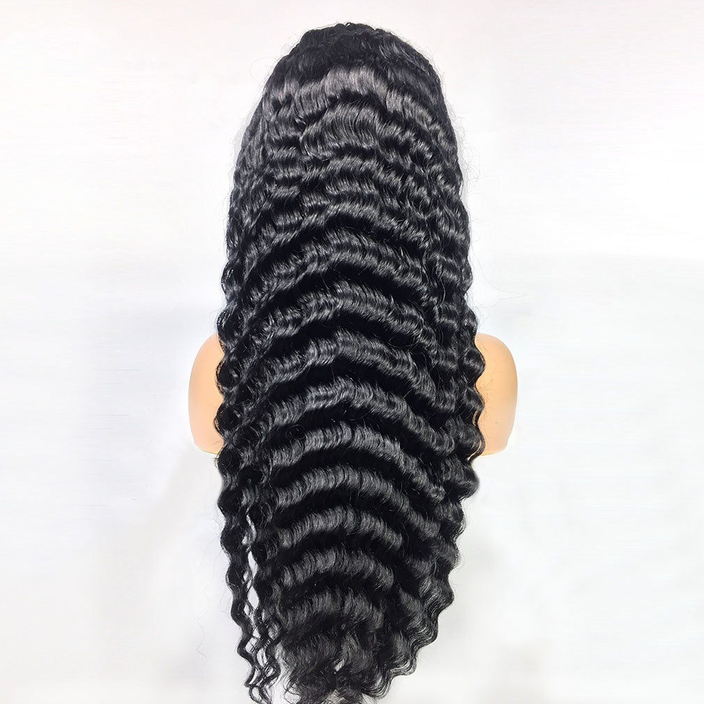Perruque deep wave lace frontale 13x4 cheveux humains – noir 14-20 pouces