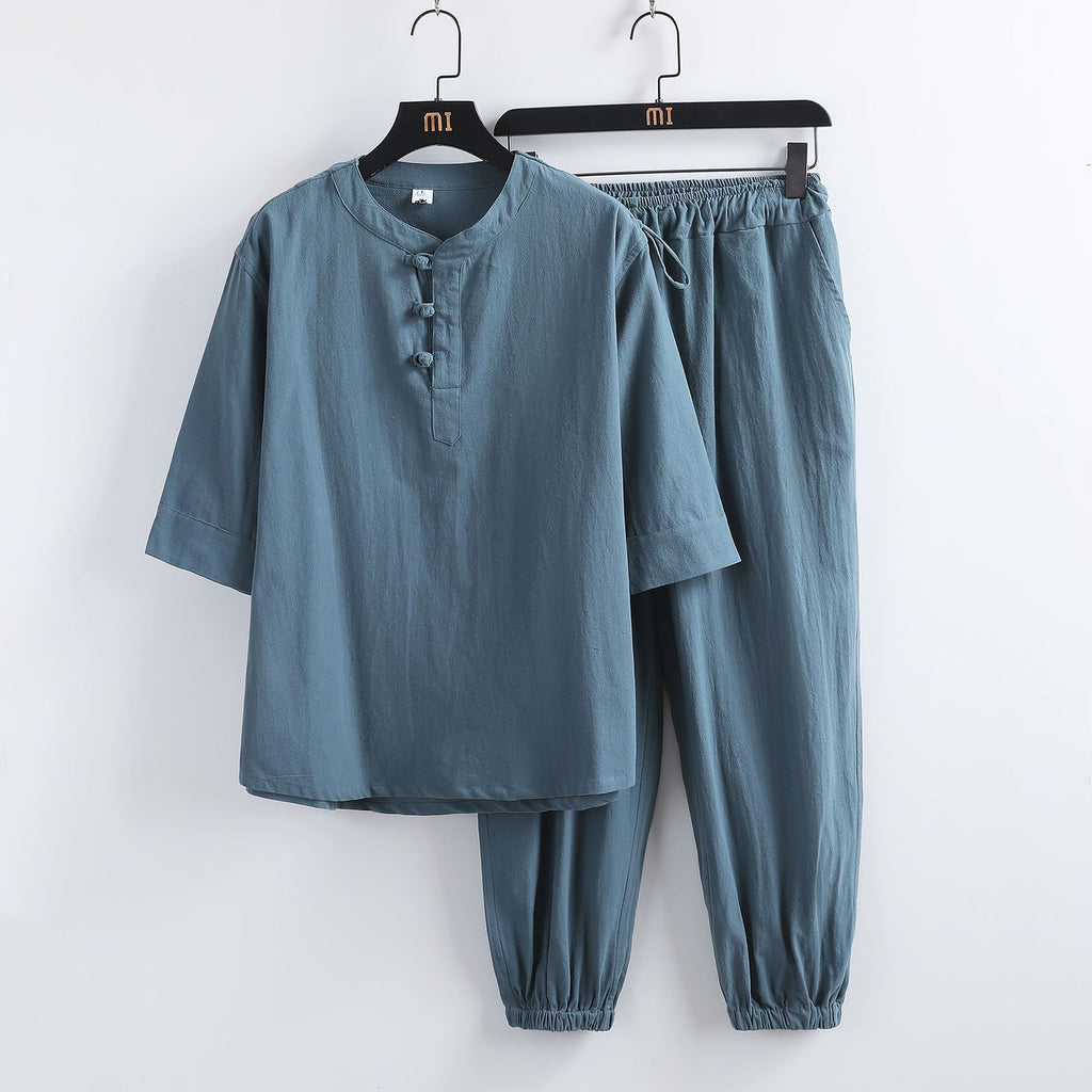 Costume hanfu lin manches courtes boucles bouddhistes – style chinois été homme