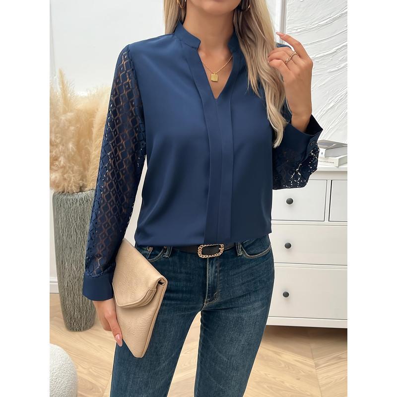 Elegante Lang Blouse met Notch Hals en Kantpanele