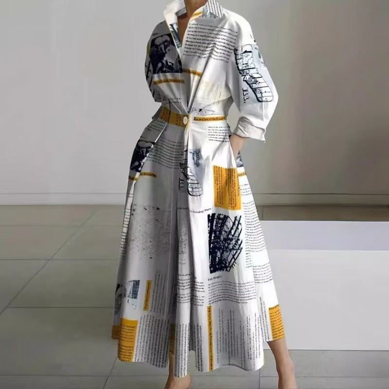 Robe maxi col roulé fluide, 3/4 manches évasée chic