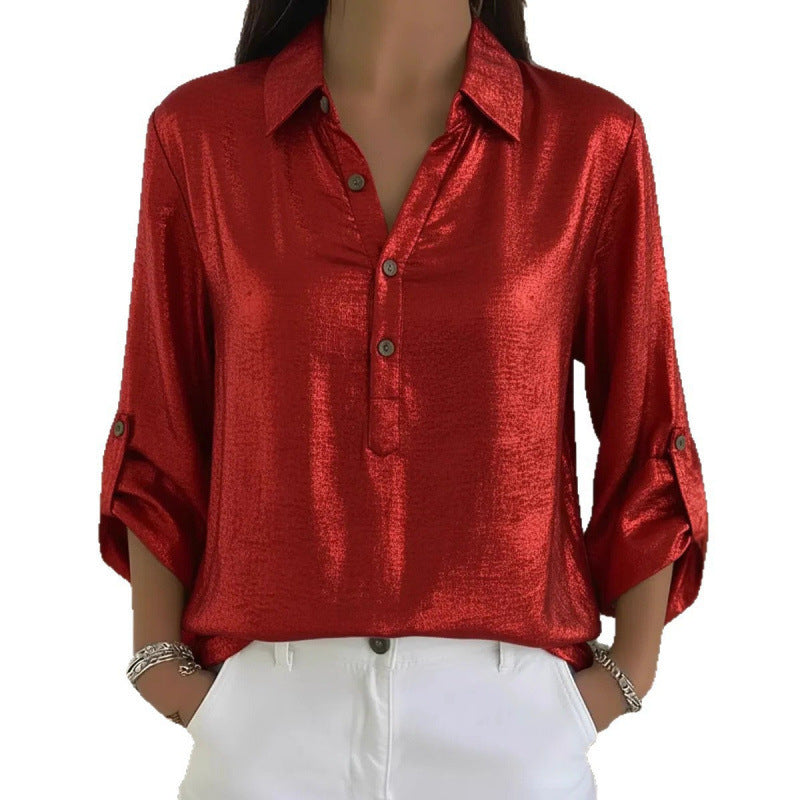 Solid Button-Down Collar Blouse Long Sleeves