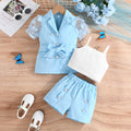 Ensemble trois pièces pour fille : haut, barboteuse, pantalon.