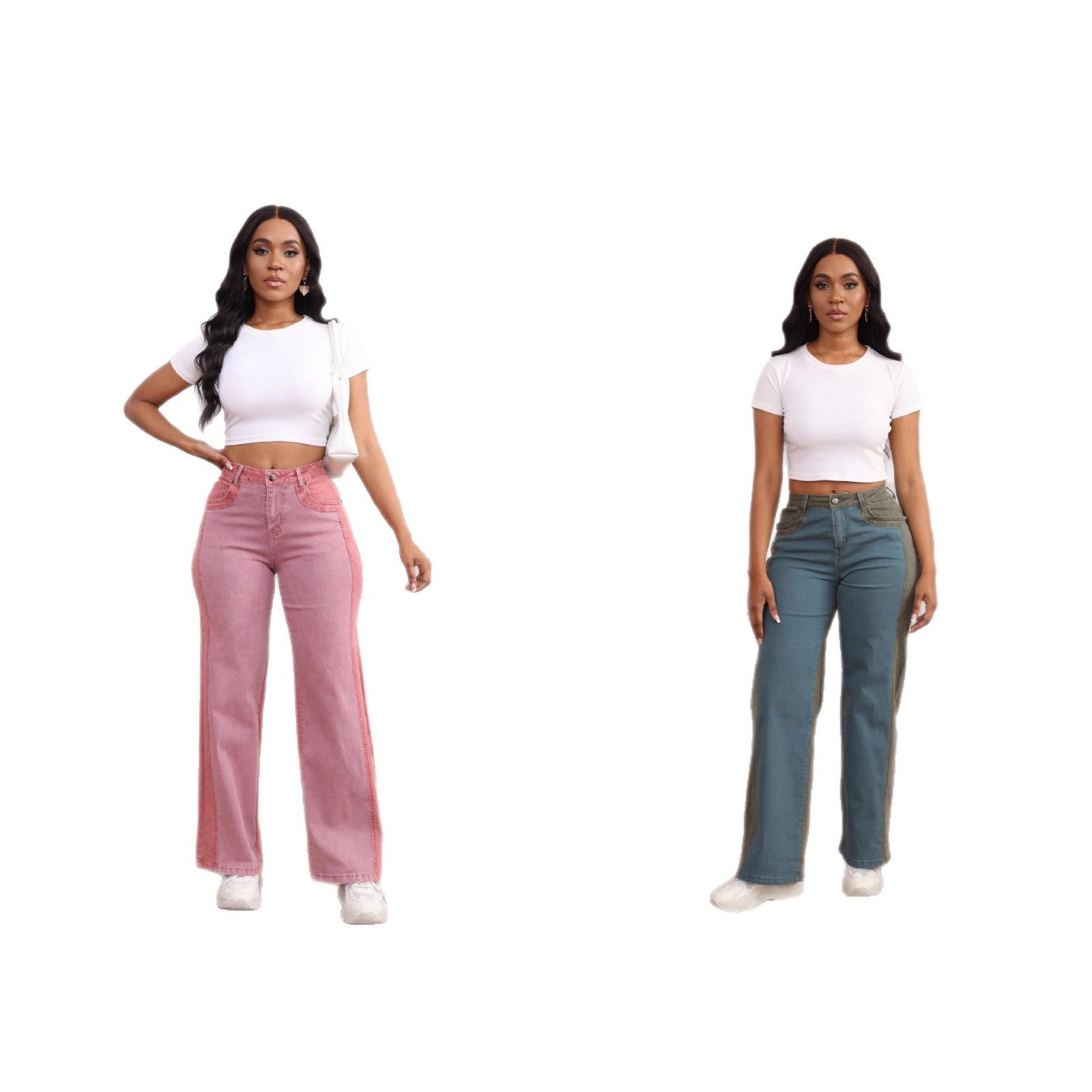 Jean wide leg femme élastique vert/magenta – Panneaux structurés lavage acide élégant