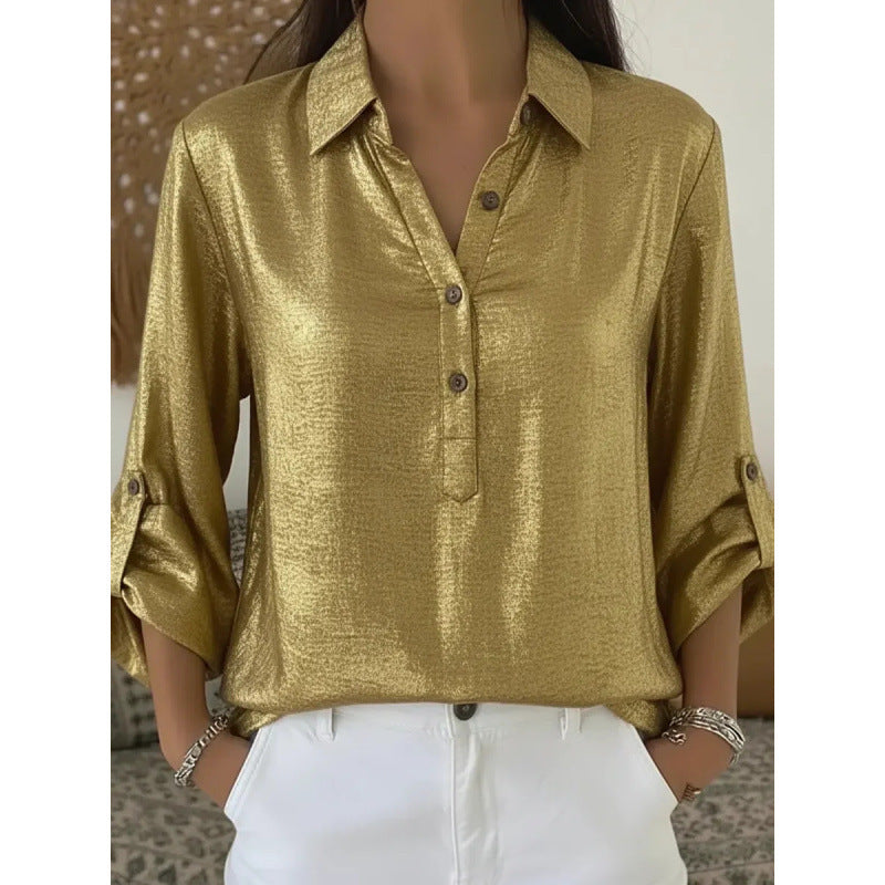 Solid Button-Down Collar Blouse Long Sleeves