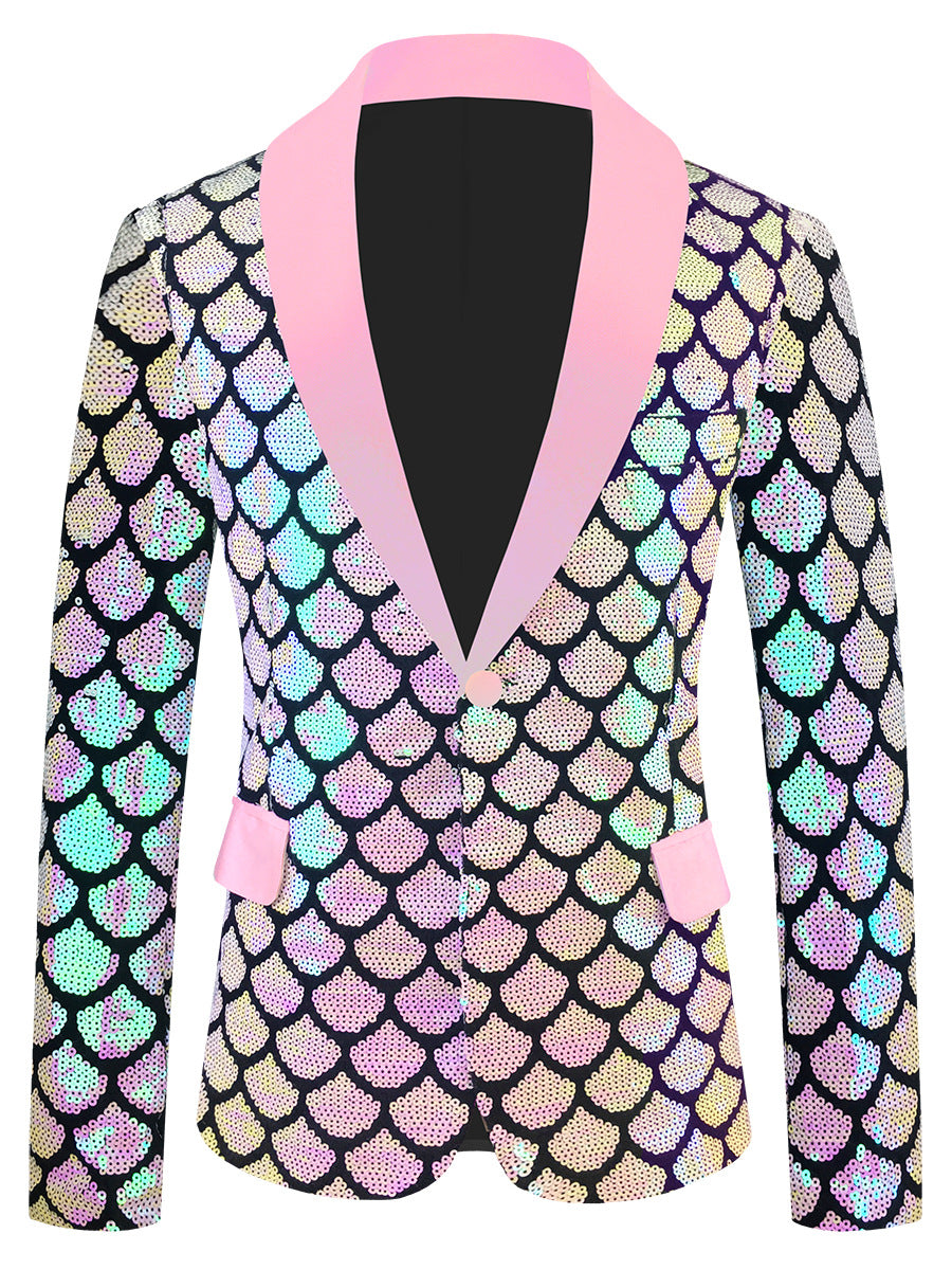 Costume pour homme en velours coloré à paillettes et à écailles.