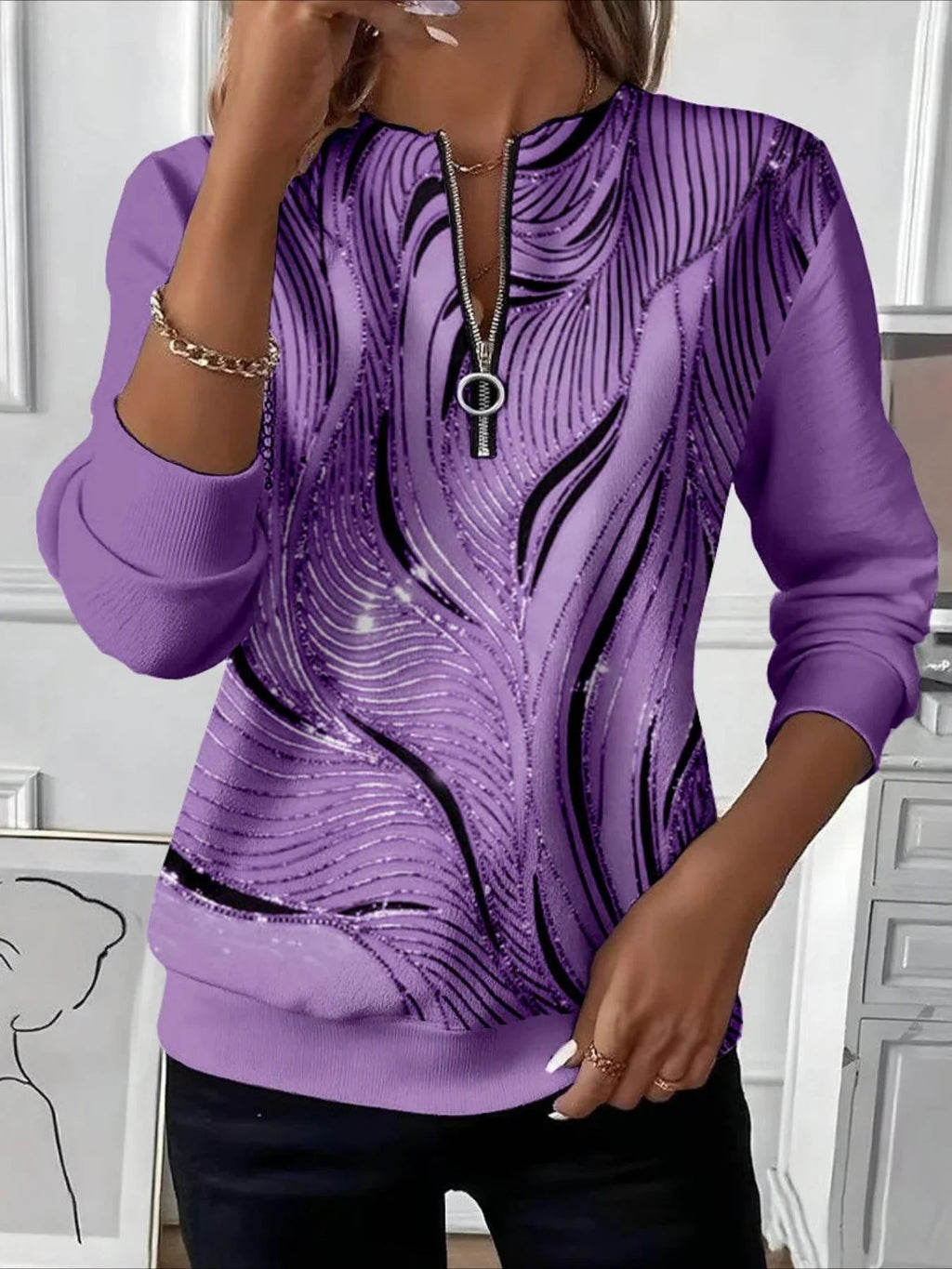 Women's long-sleeve pullover sweatshirt with festive trendy patterns.