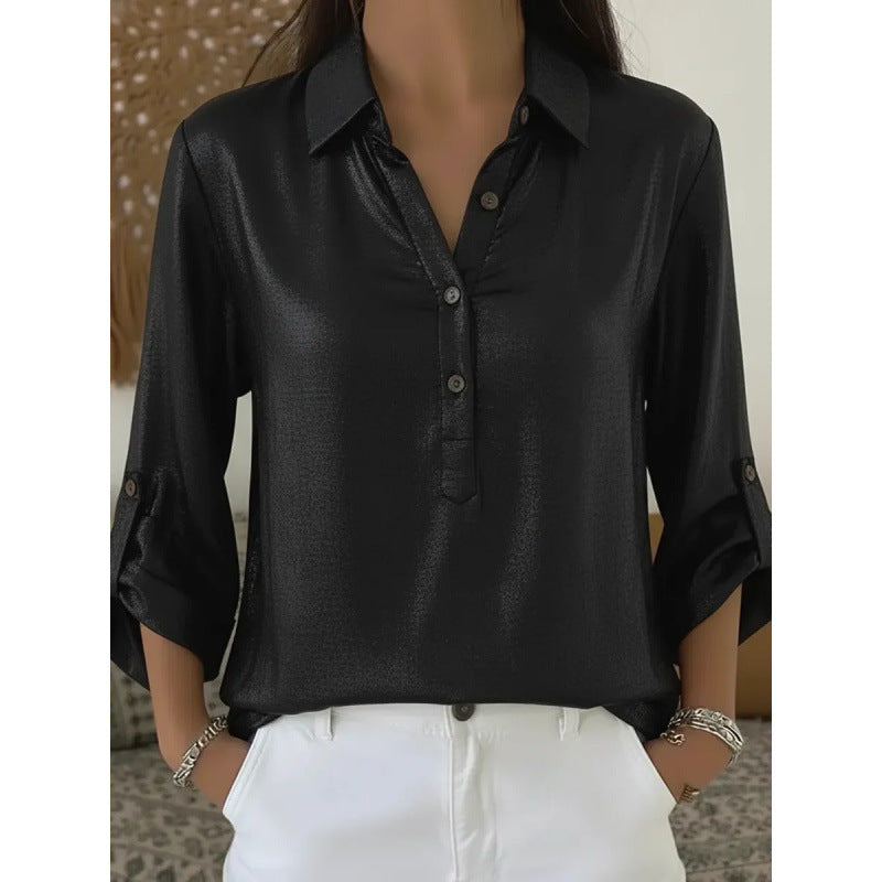 Solid Button-Down Collar Blouse Long Sleeves