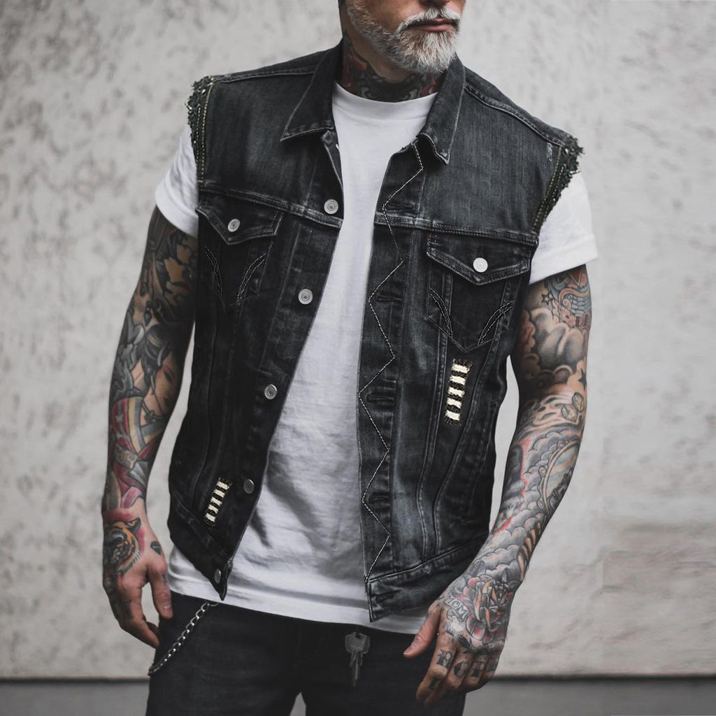 Denim baadjie met arenddruk vir mans – swart straatdrag van S tot 6XL