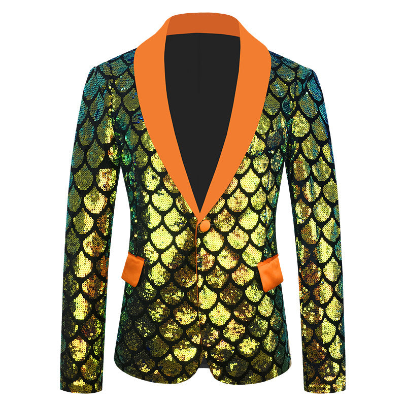 Costume pour homme en velours coloré à paillettes et à écailles.