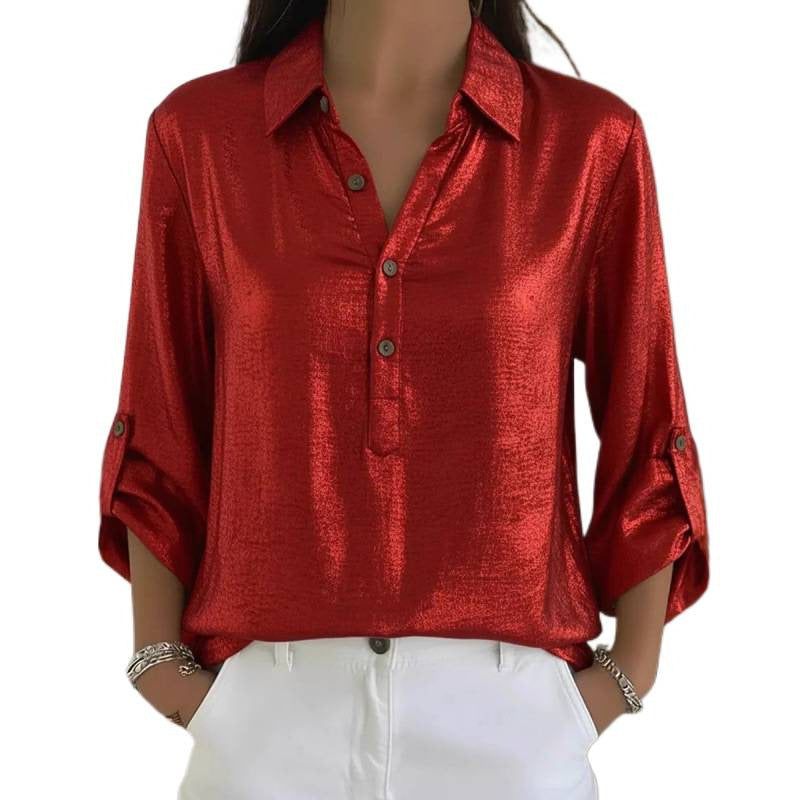 Solid Button-Down Collar Blouse Long Sleeves