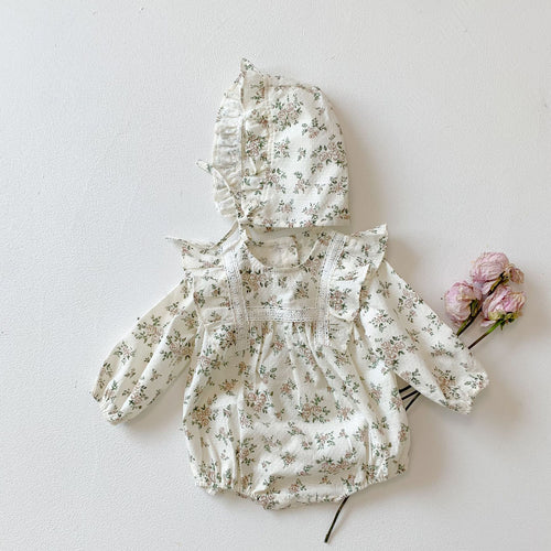 Grenouillère bébé fille à manches longues fleurie blanche – coton, avec bonnet