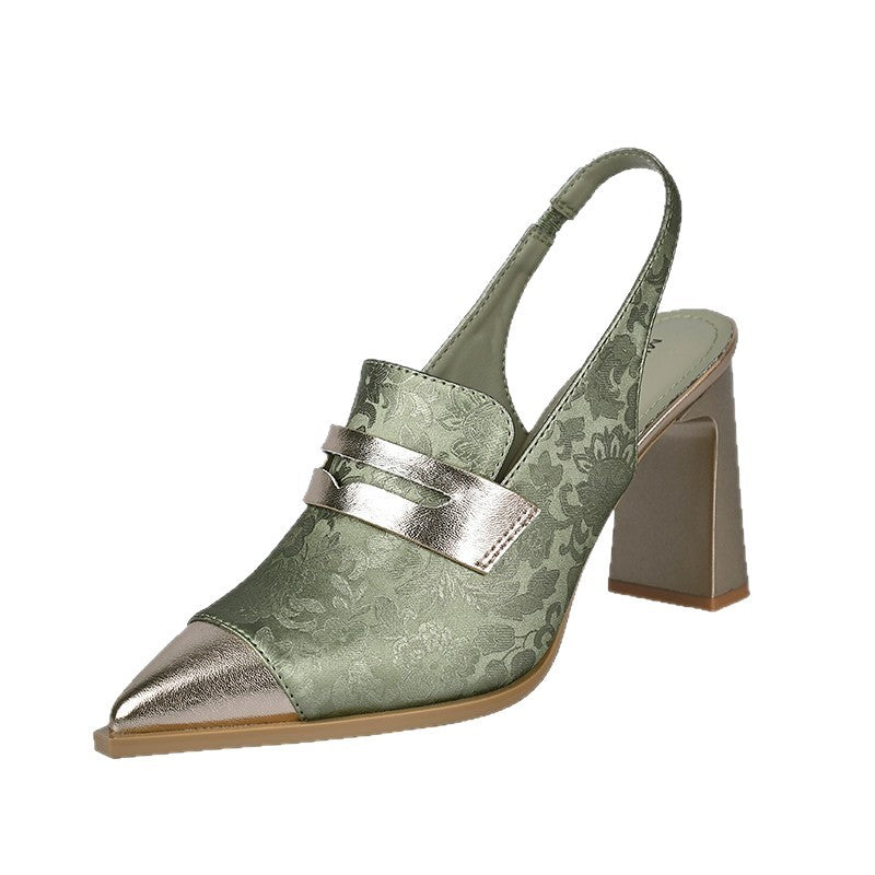 Sandales à brides talon épais bout pointu – noir/vert/champagne