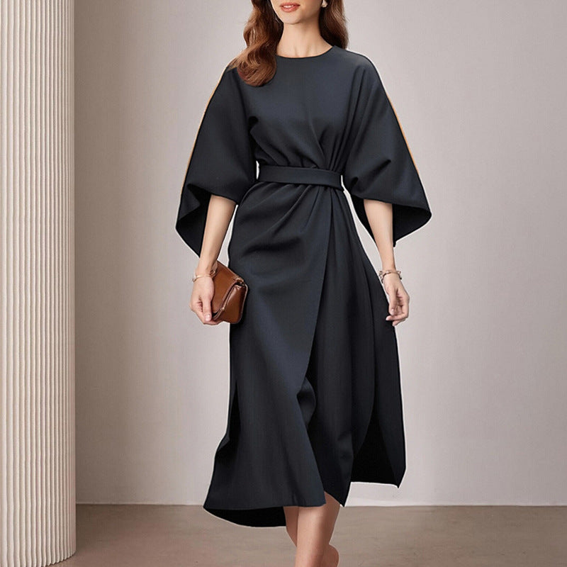 Robe unie lacets col rond, mode casual commuting femme