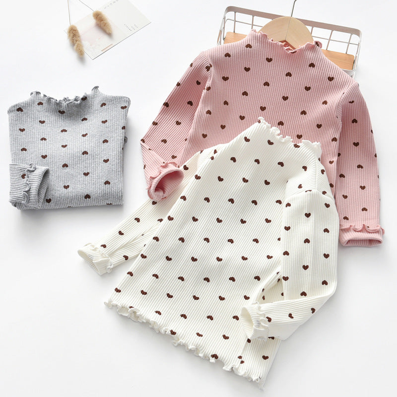 T-shirt manches longues coton fille cœur – blanc/rose/gris