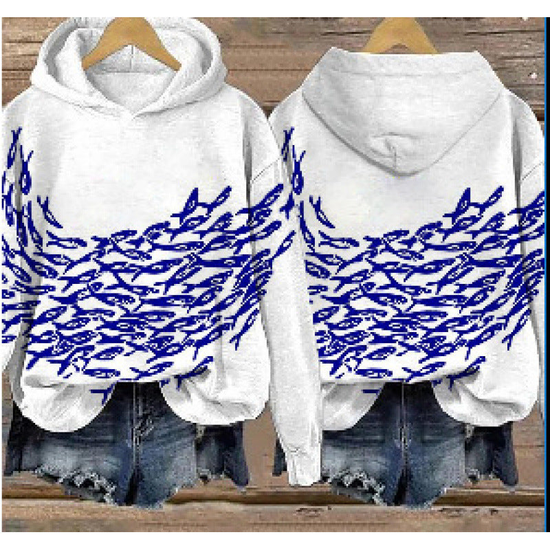 Women's printed hoodie pullover sweatshirt, long sleeves, trendy.