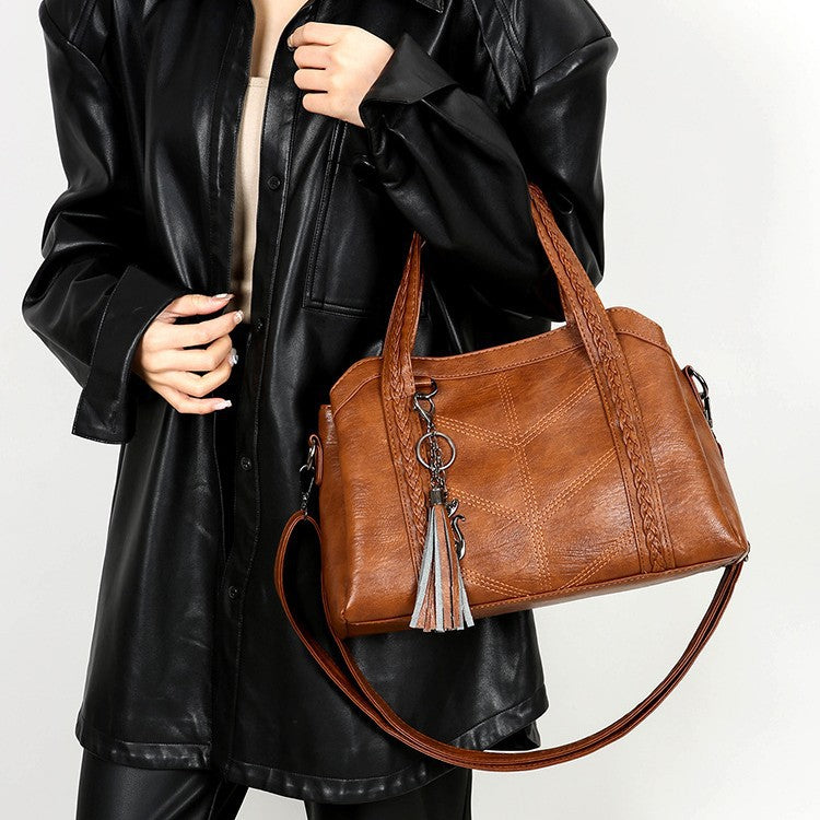 Sac bandoulière vintage PU carré horizontal – noir/marron/rouge/violet pompons