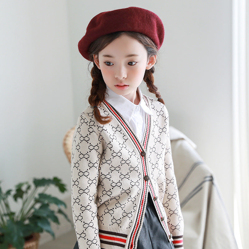 Cardigan tricot enfant col V café – viscose boutonnage simple