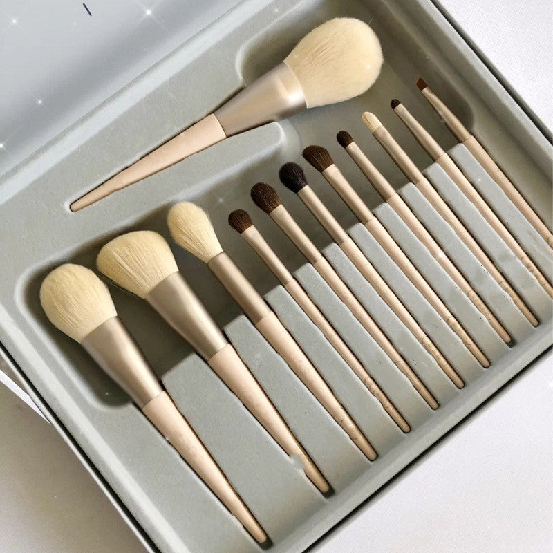 Set 12 pinceaux maquillage crin cheval bois – coffret Morandi rose 18,9cm