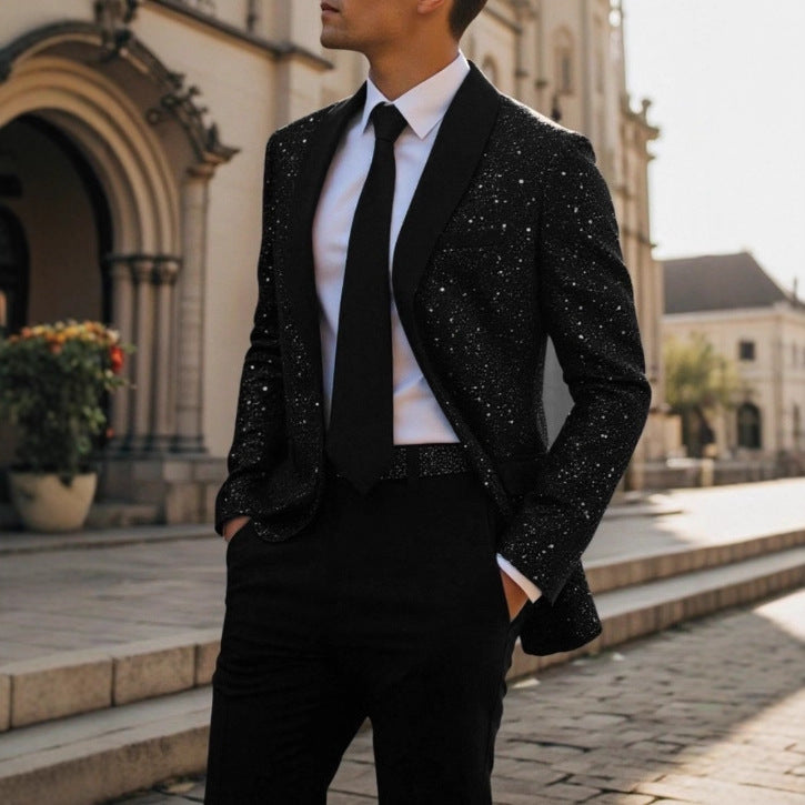 Blazer brillant mariage banquet homme noir – tenue soirée formelle