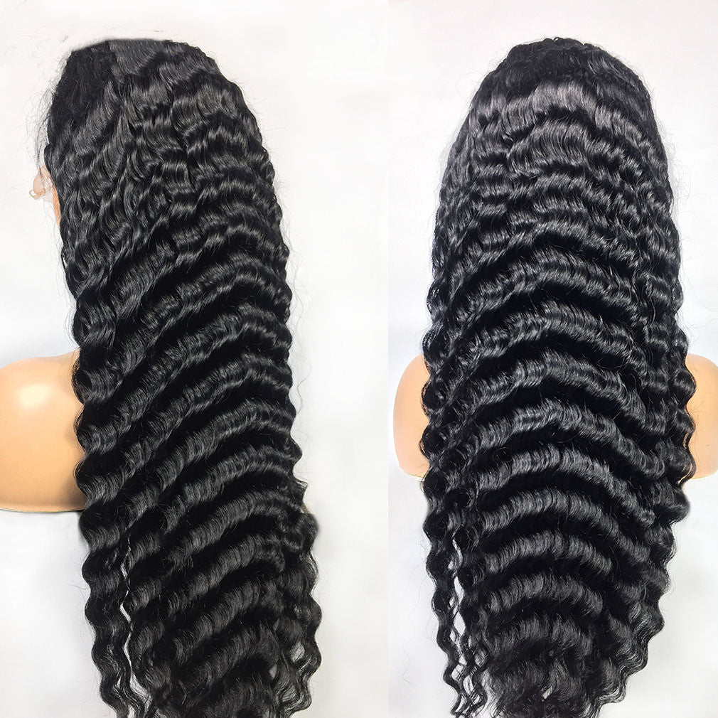 Perruque deep wave lace frontale 13x4 cheveux humains – noir 14-20 pouces