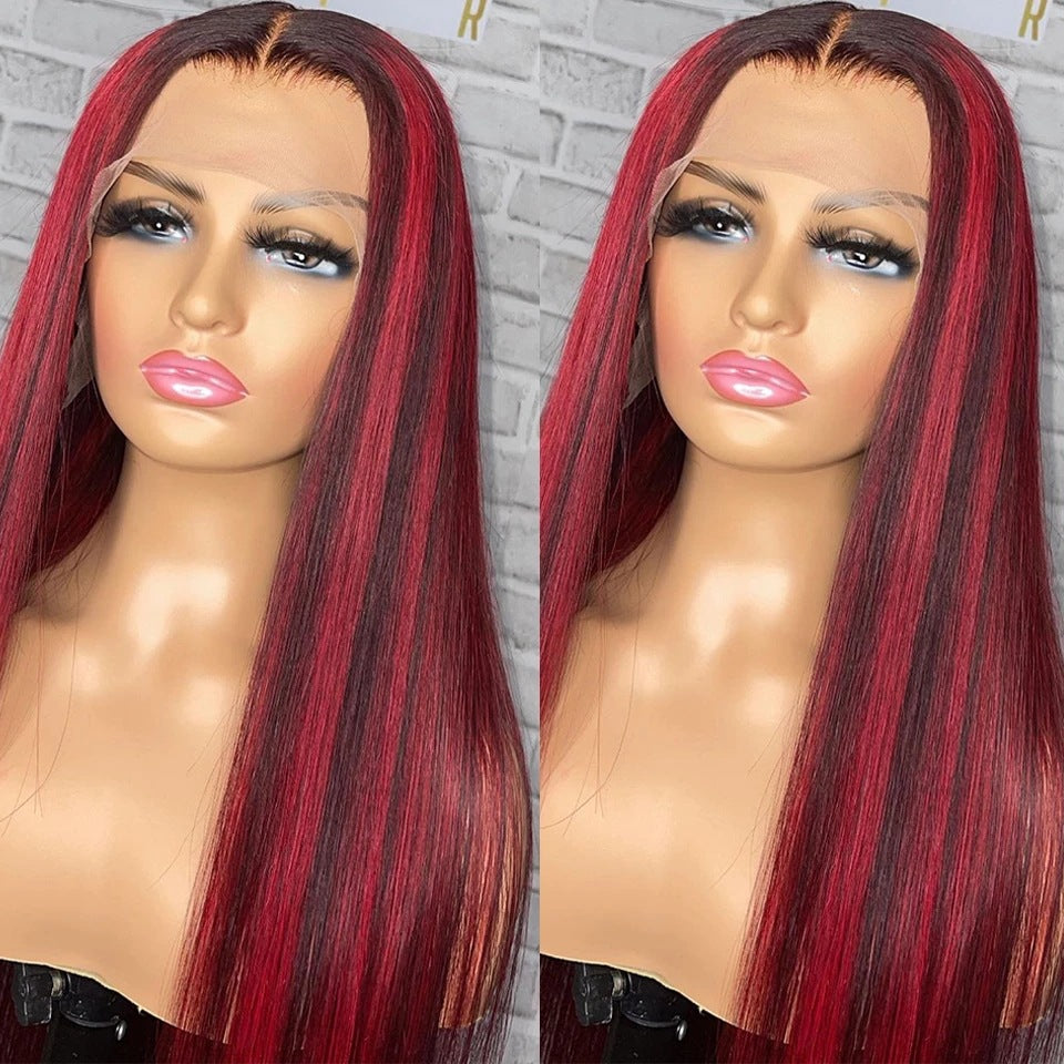 Perruque 100% cheveux naturels lace front 13x4, longueur 30cm rouge vibrant.