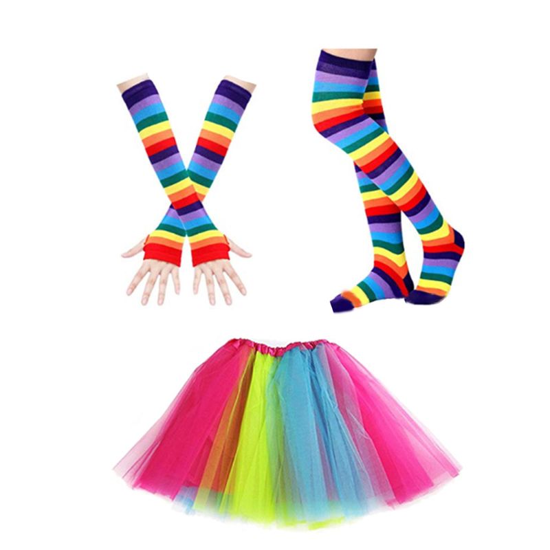 Ensemble jupe tutu arc-en-ciel néon avec gants, bretelles et nœud papillon