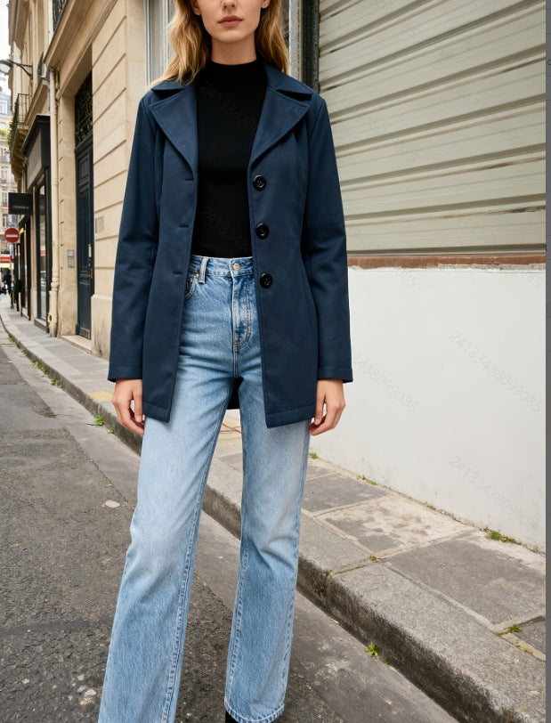 VESTE LAINE COL REVERS FEMME – STYLE VINTAGE PARISIEN BLEU MARINE